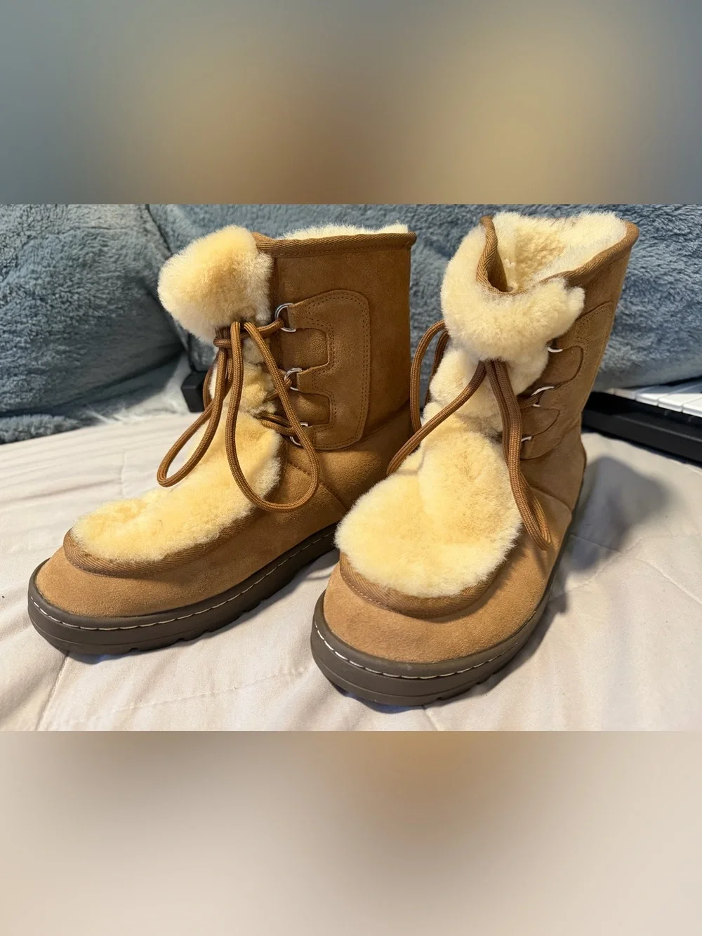 Suede Shearling-Lined Lace-Up Winter Boots in Chestnut